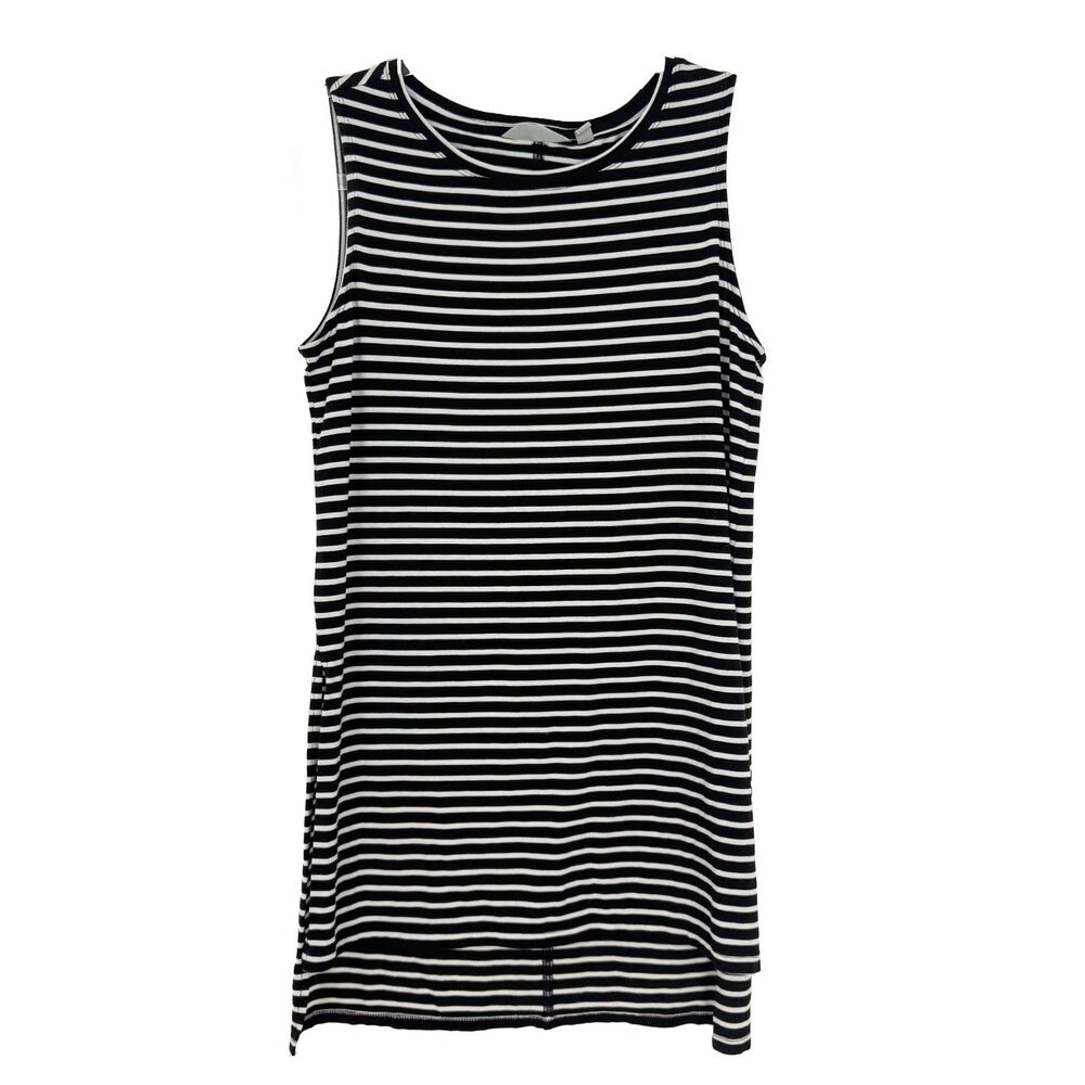 ATHLETA Stripe Tunic Split Sides Long Tank Top XS Black White Round Neck EUC B11